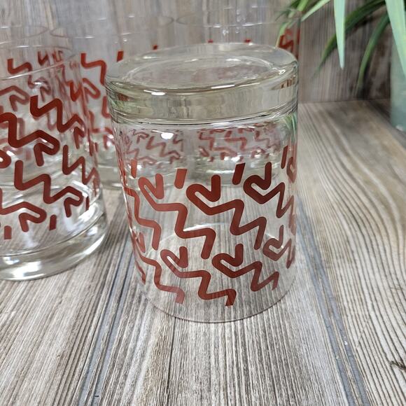 5 Vintage Old Fashioned Tumblers, Clear & Red  Geometric - Picture 4 of 4